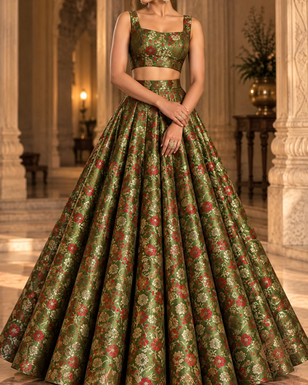 Mehendi Green Banarasi Brocade Fabric With All Over Thread And Zari Handloom 24529
