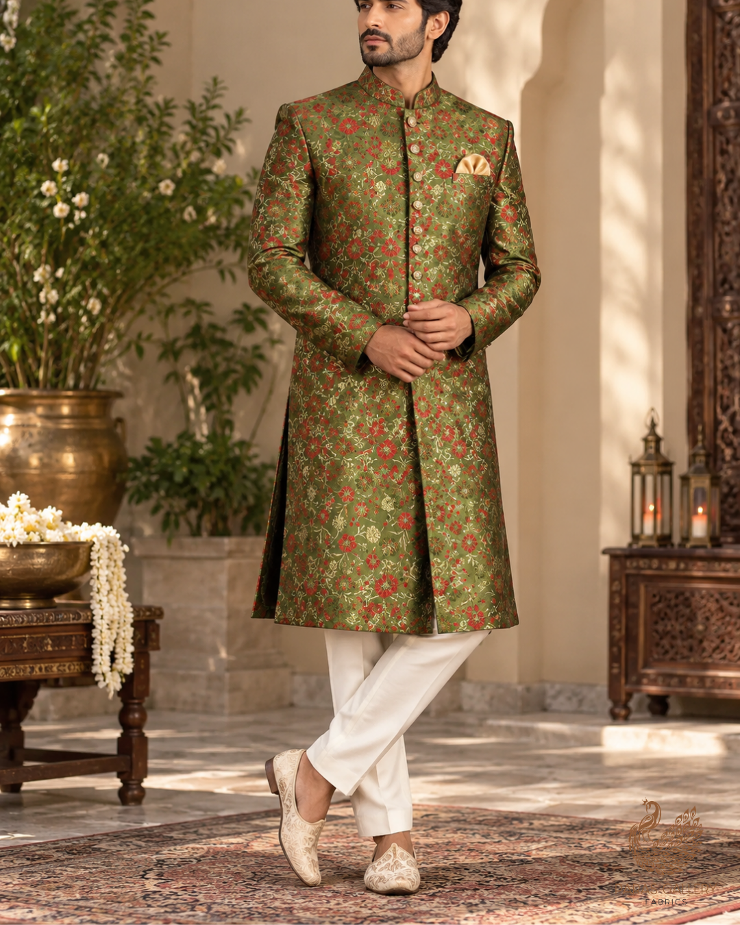 Mehendi Green Banarasi Brocade Fabric With All Over Thread And Zari Handloom 24529