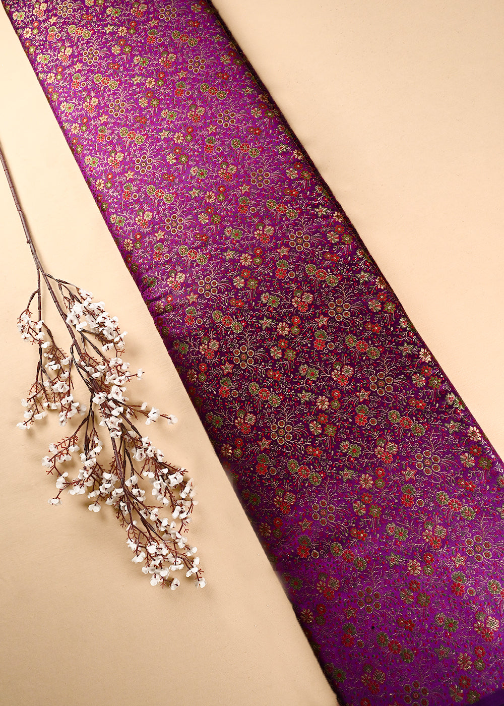 Purple Banarasi Brocade Fabric With All Over Thread And Zari Handloom 24530
