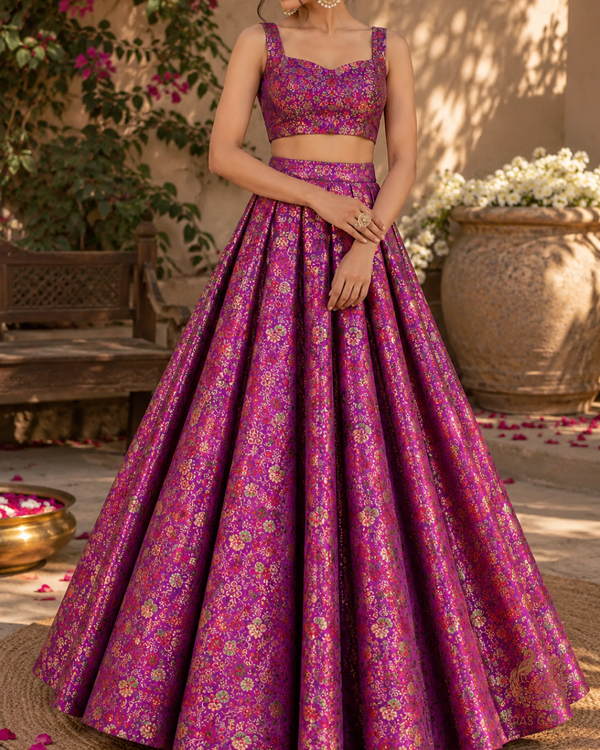 Purple Banarasi Brocade Fabric With All Over Thread And Zari Handloom 24530