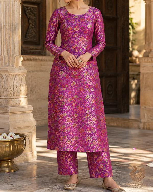 Purple Banarasi Brocade Fabric With All Over Thread And Zari Handloom 24530