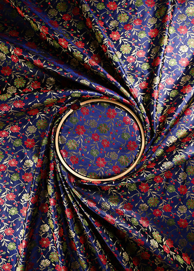 Navy Blue Banarasi Brocade Fabric With All Over Thread And Zari Handloom 24531