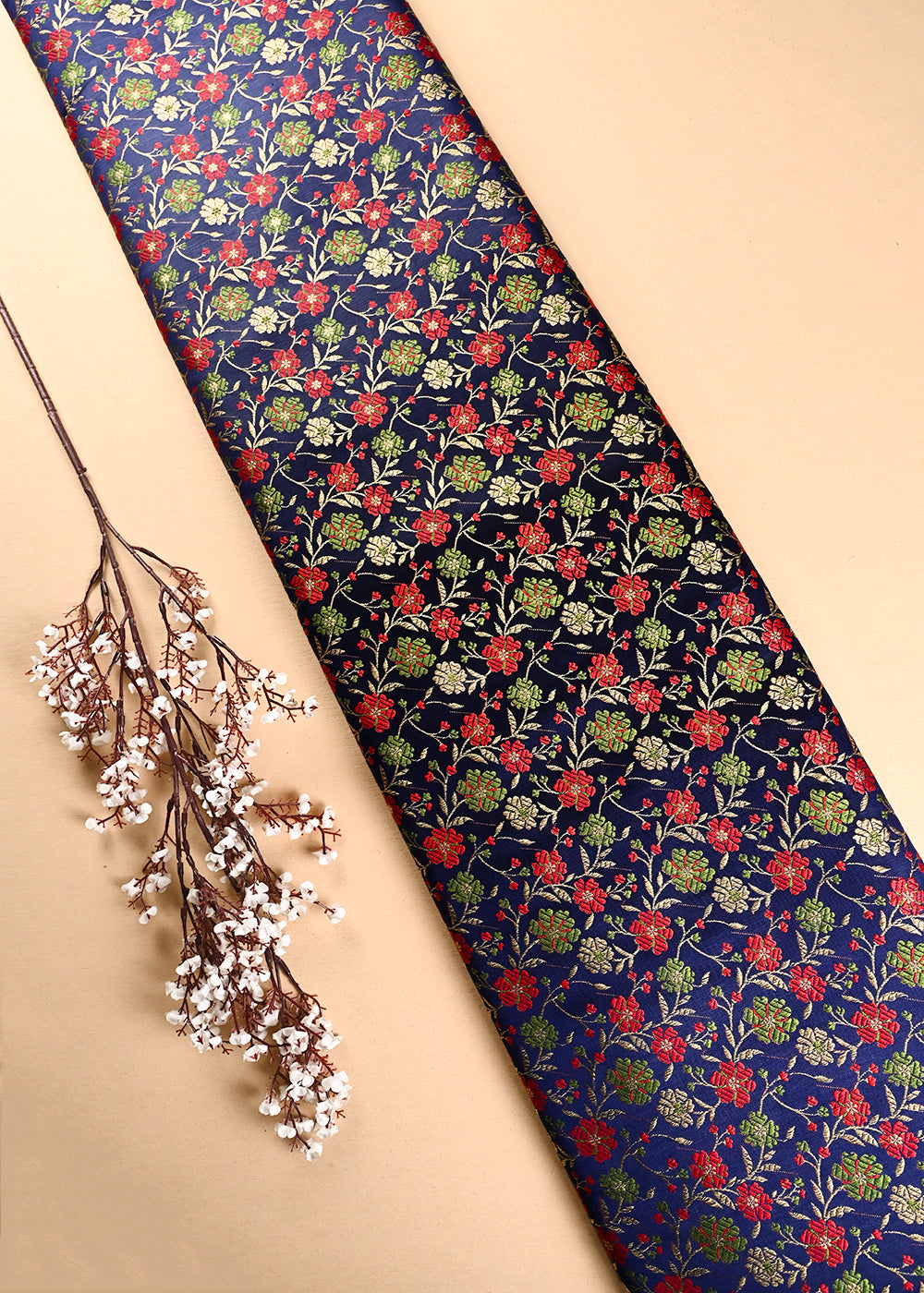 Navy Blue Banarasi Brocade Fabric With All Over Thread And Zari Handloom 24531