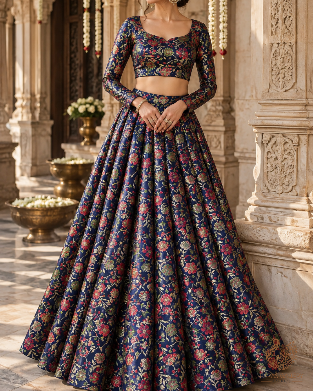 Navy Blue Banarasi Brocade Fabric With All Over Thread And Zari Handloom 24531