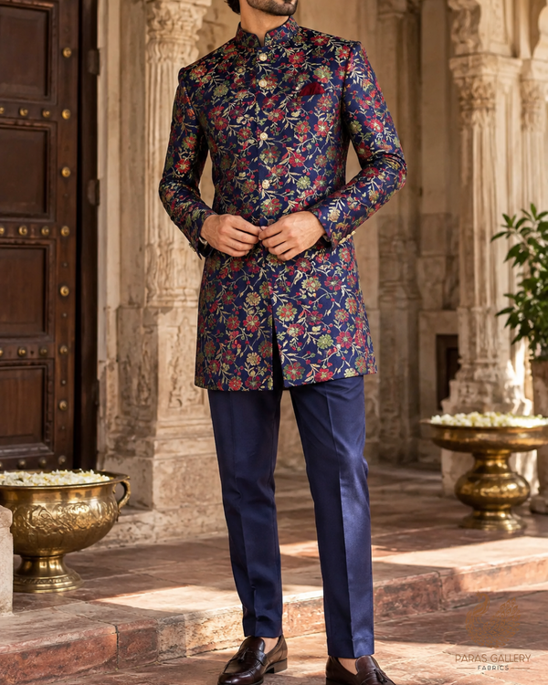 Navy Blue Banarasi Brocade Fabric With All Over Thread And Zari Handloom 24531