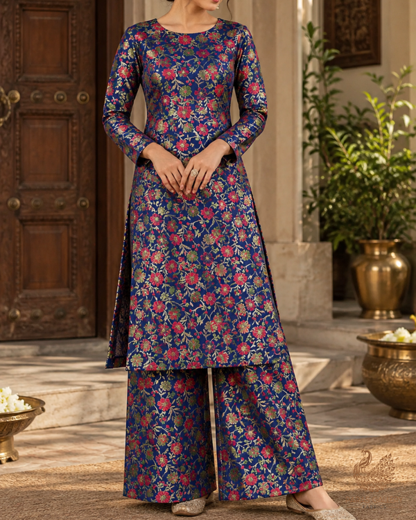 Navy Blue Banarasi Brocade Fabric With All Over Thread And Zari Handloom 24531
