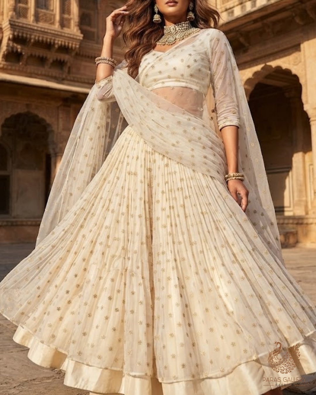 White Dyeable Georgette Fabric With All Over Buti Of Zari And Sequins Work 24534