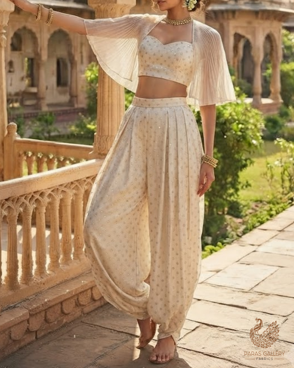 White Dyeable Georgette Fabric With All Over Buti Of Zari And Sequins Work 24535