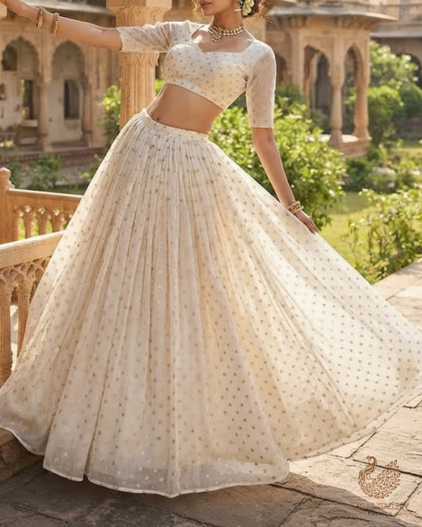 White Dyeable Georgette Fabric With All Over Buti Of Zari And Sequins Work 24535