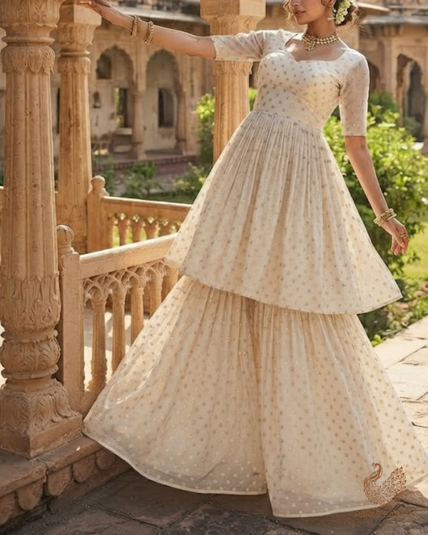 White Dyeable Georgette Fabric With All Over Buti Of Zari And Sequins Work 24535