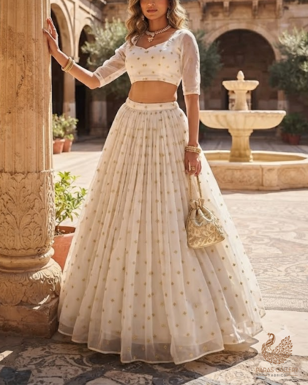 White Dyeable Georgette Fabric With All Over Buti Of Zari And Sequins Work 24537