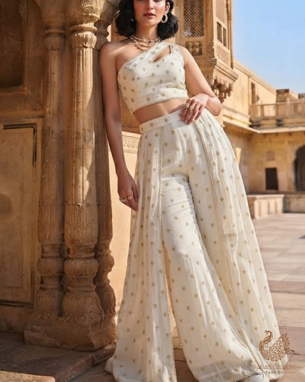 White Dyeable Georgette Fabric With All Over Buti Of Zari And Sequins Work 24538