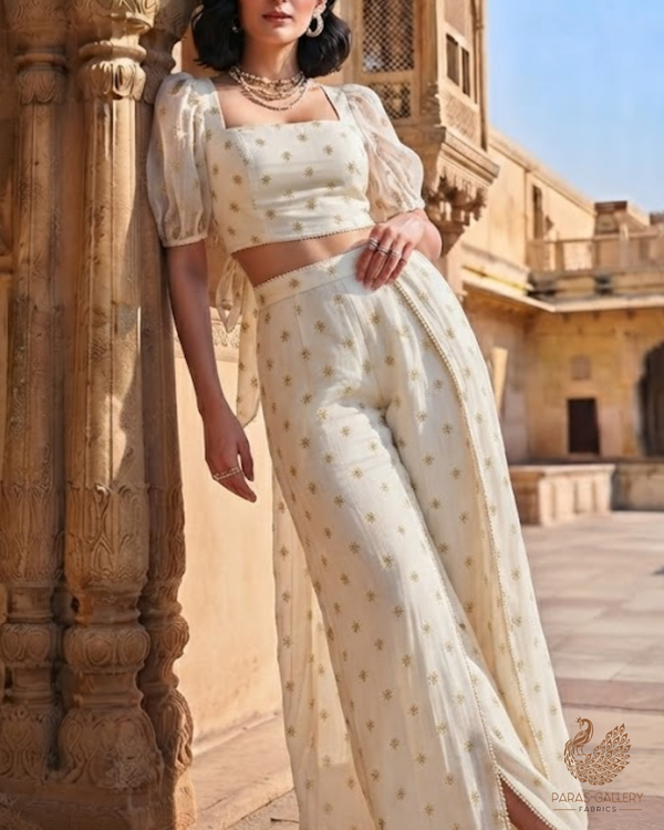 White Dyeable Georgette Fabric With All Over Buti Of Zari And Sequins Work 24538