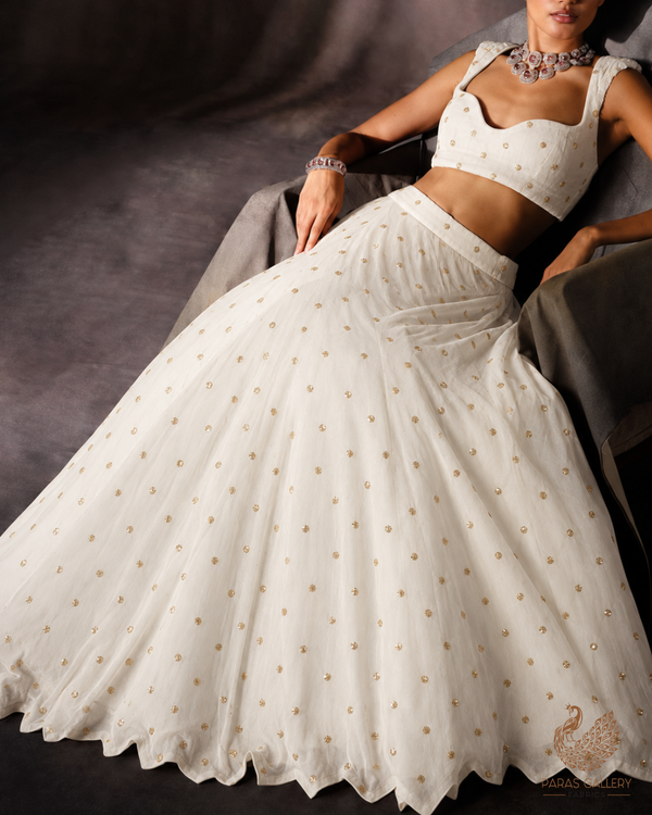 White Dyeable Georgette Fabric With All Over Buti Of Zari And Sequins Work 24540