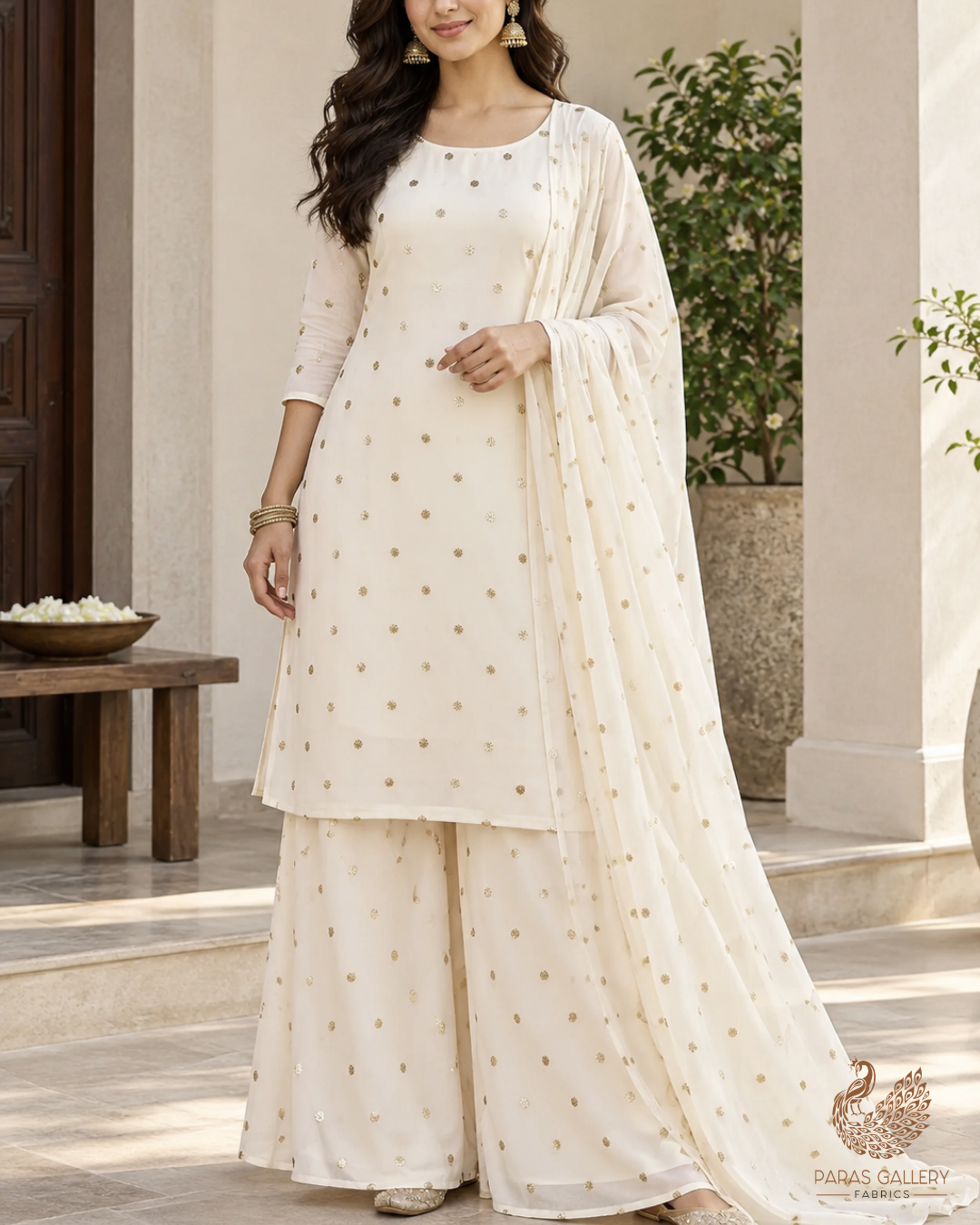 White Dyeable Georgette Fabric With All Over Buti Of Zari And Sequins Work 24540