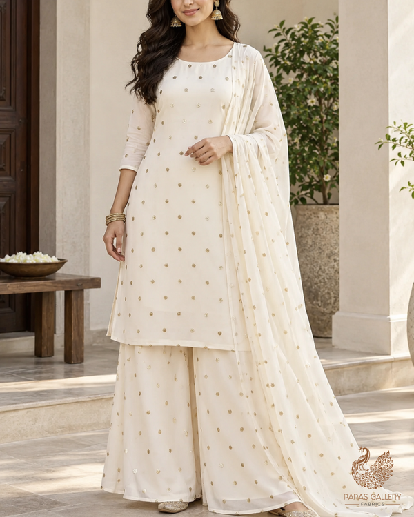 White Dyeable Georgette Fabric With All Over Buti Of Zari And Sequins Work 24540