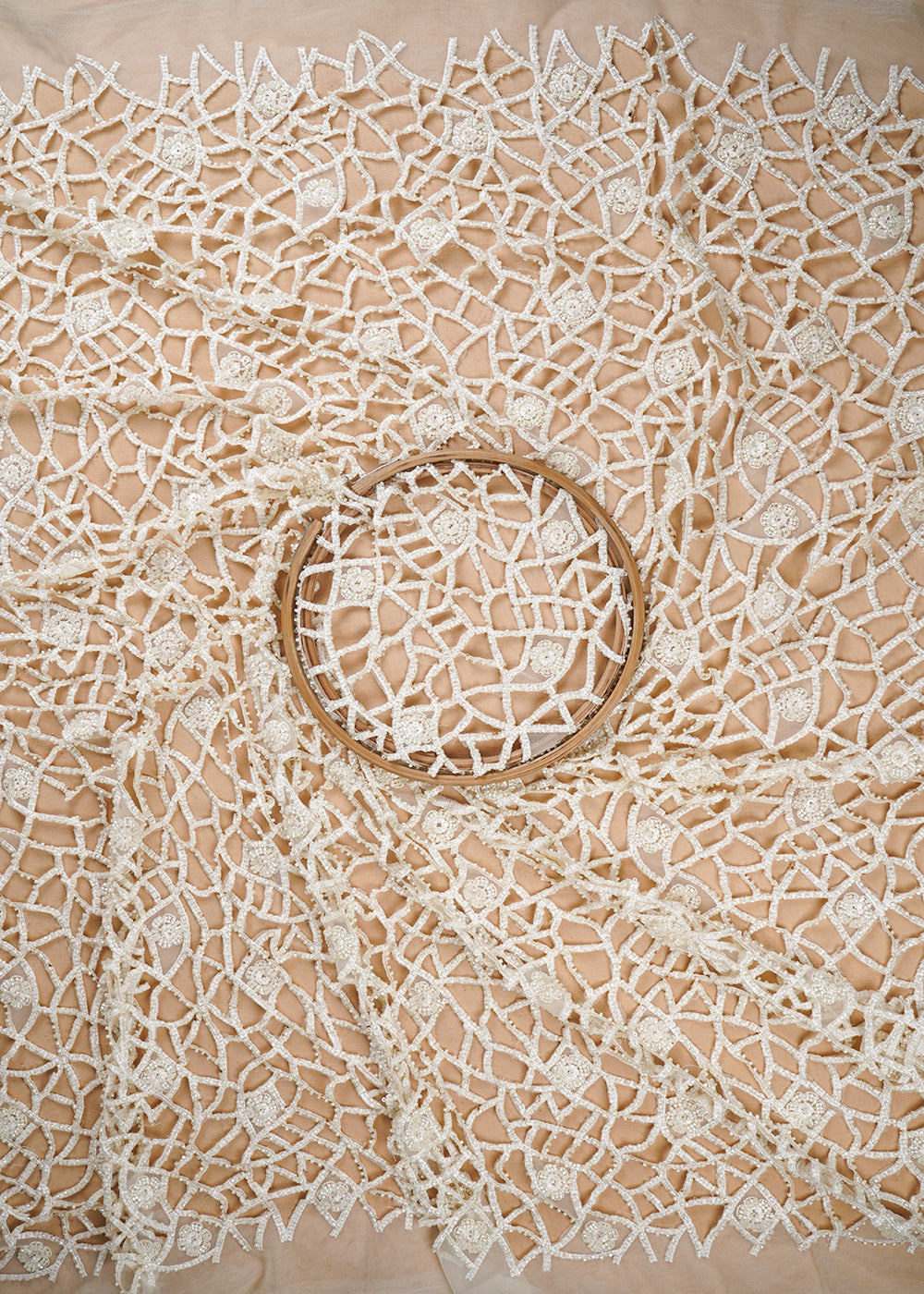 Beige Imported Net Fabric With All Over Sequins, Katdana And Laser Cutwork 24541