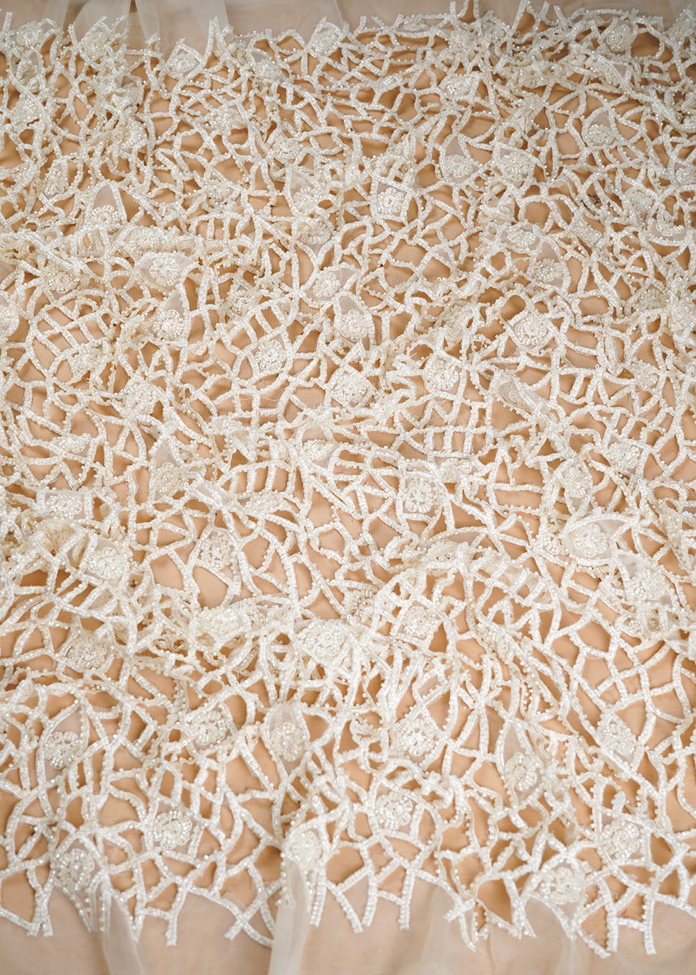 Beige Imported Net Fabric With All Over Sequins, Katdana And Laser Cutwork 24541