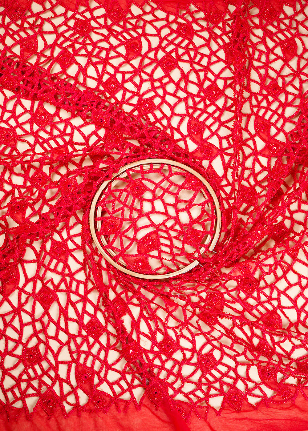 Red Imported Net Fabric With All Over Sequins, Katdana And Laser Cutwork 24542