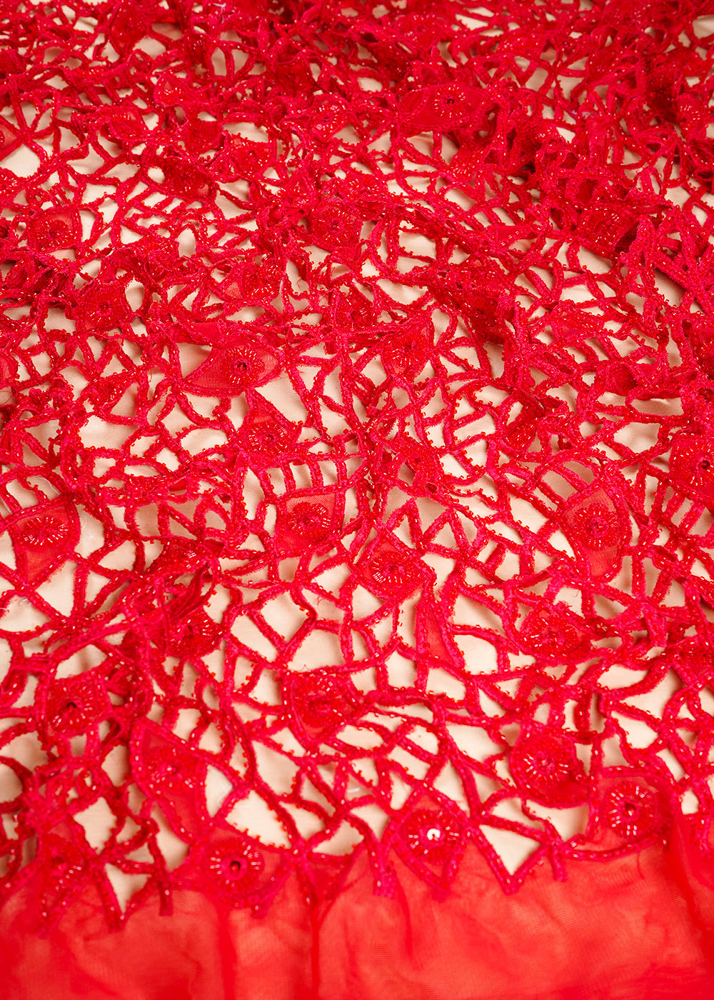 Red Imported Net Fabric With All Over Sequins, Katdana And Laser Cutwork 24542