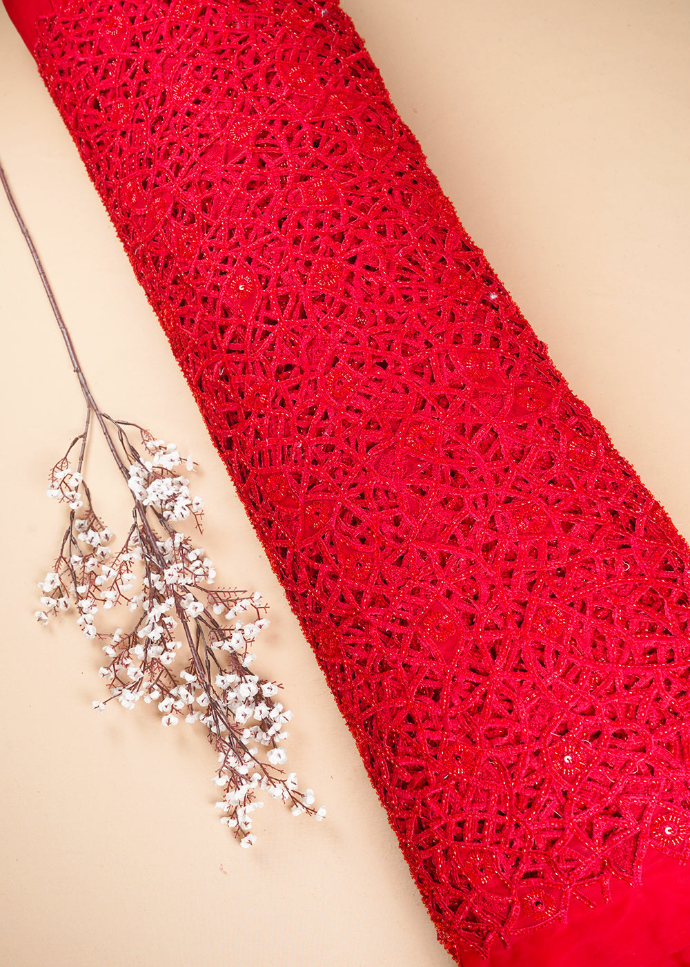 Red Imported Net Fabric With All Over Sequins, Katdana And Laser Cutwork 24542
