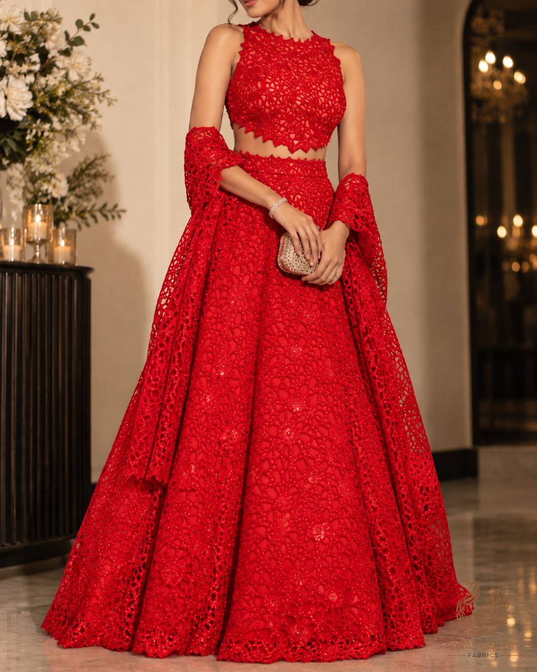 Red Imported Net Fabric With All Over Sequins, Katdana And Laser Cutwork 24542