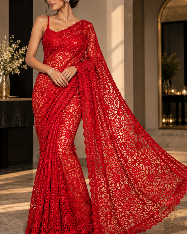 Red Imported Net Fabric With All Over Sequins, Katdana And Laser Cutwork 24542