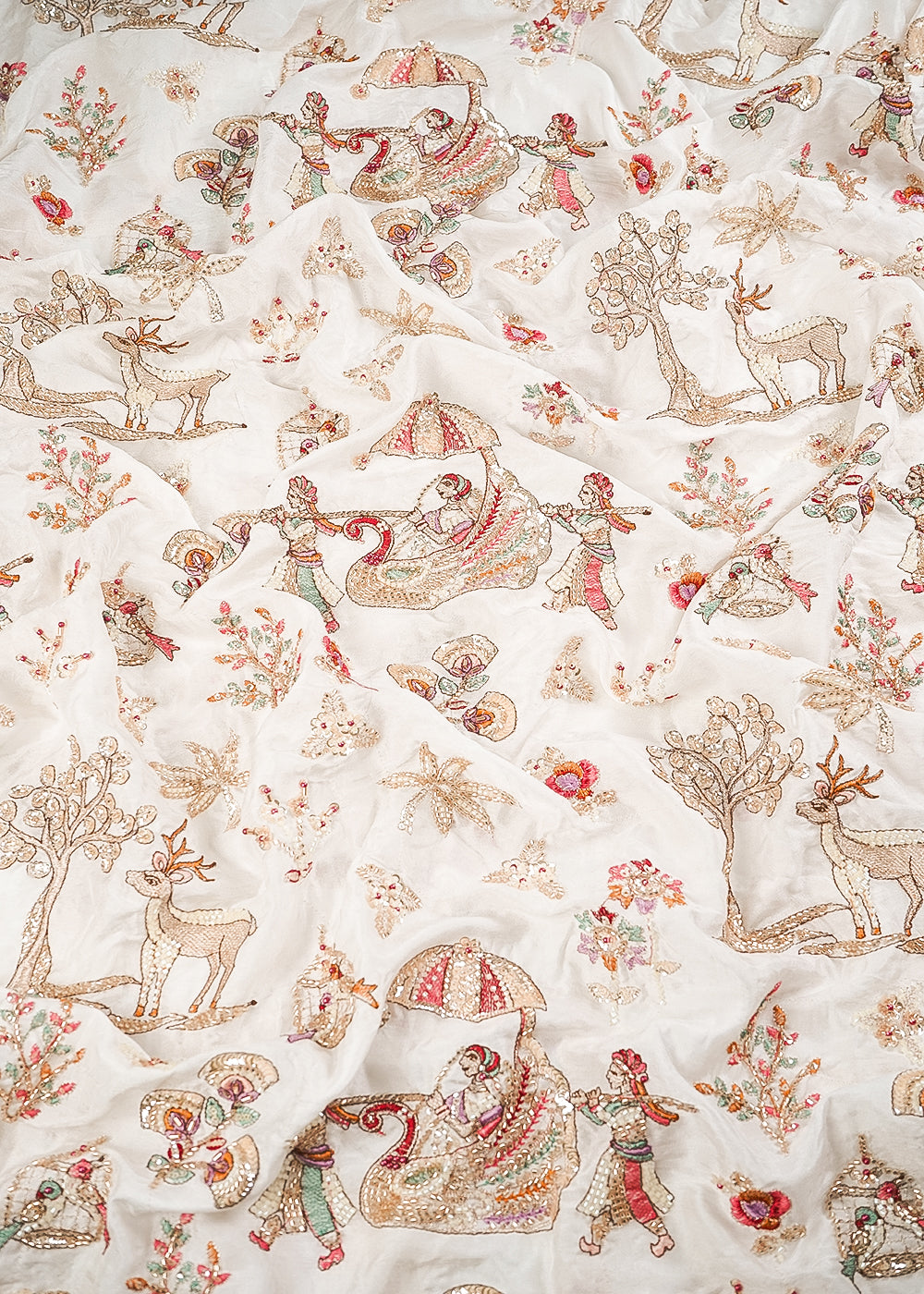 White Dyeable Silk Fabric With All Over Thread, Zari, Sequins, Katdana And Bead Work 24543
