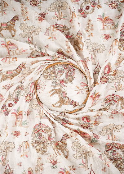 White Dyeable Silk Fabric With All Over Thread, Zari, Sequins, Katdana And Bead Work 24544