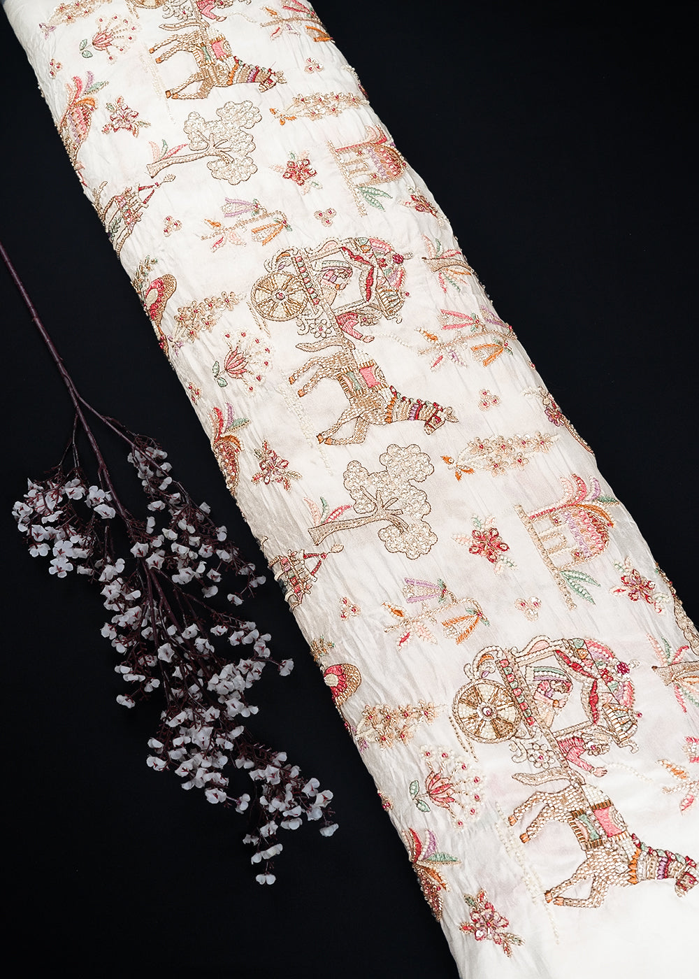 White Dyeable Silk Fabric With All Over Thread, Zari, Sequins, Katdana And Bead Work 24544
