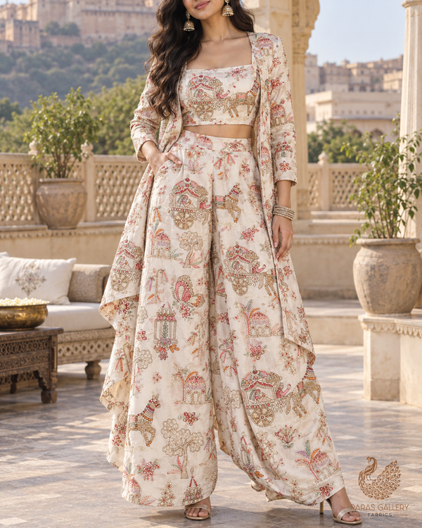 White Dyeable Silk Fabric With All Over Thread, Zari, Sequins, Katdana And Bead Work 24544