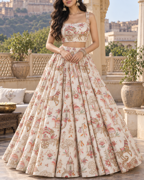 White Dyeable Silk Fabric With All Over Thread, Zari, Sequins, Katdana And Bead Work 24544