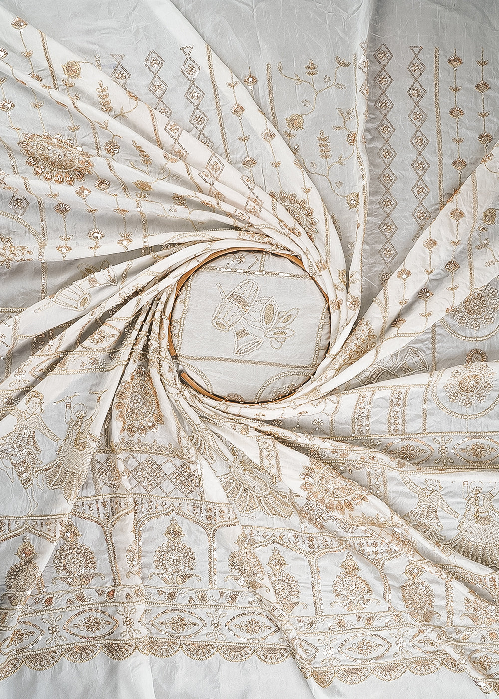 White Silk Fabric With All Over Zari, Sequins, Katdana And Bead Work With One Side Heavy Border 24545
