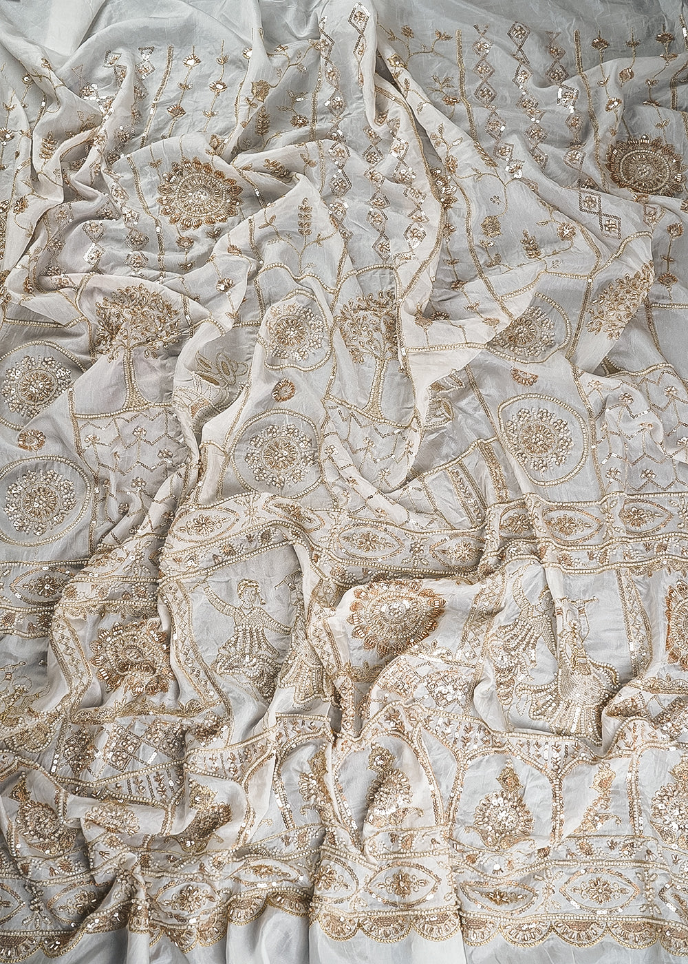 White Silk Fabric With All Over Zari, Sequins, Katdana And Bead Work With One Side Heavy Border 24545