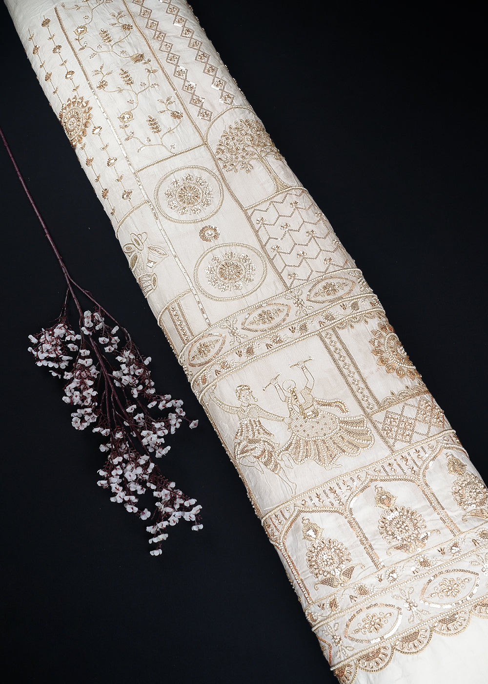 White Silk Fabric With All Over Zari, Sequins, Katdana And Bead Work With One Side Heavy Border 24545