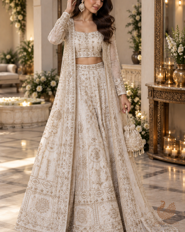 White Dyeable Silk Fabric With All Over Zari, Sequins, Katdana And Bead Work With One Side Heavy Border 24545