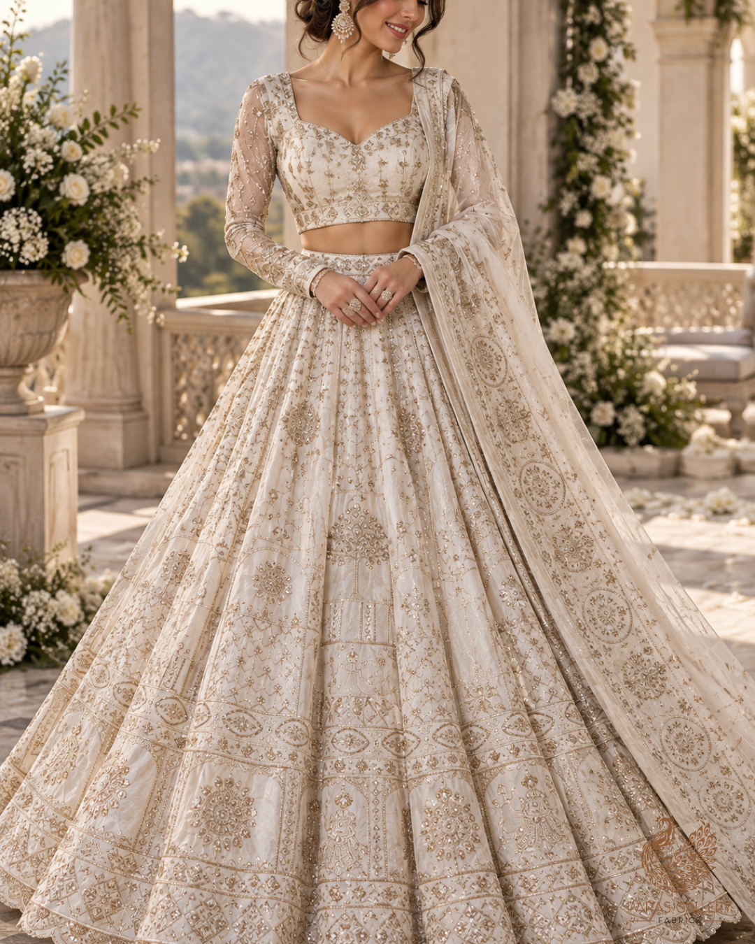 White Dyeable Silk Fabric With All Over Zari, Sequins, Katdana And Bead Work With One Side Heavy Border 24545