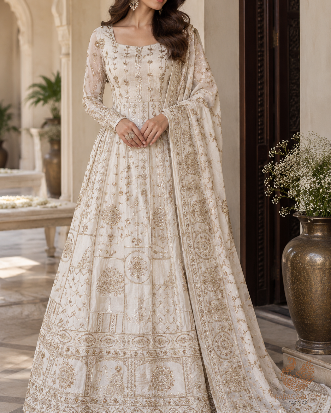 White Dyeable Silk Fabric With All Over Zari, Sequins, Katdana And Bead Work With One Side Heavy Border 24545