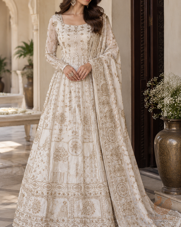 White Dyeable Silk Fabric With All Over Zari, Sequins, Katdana And Bead Work With One Side Heavy Border 24545