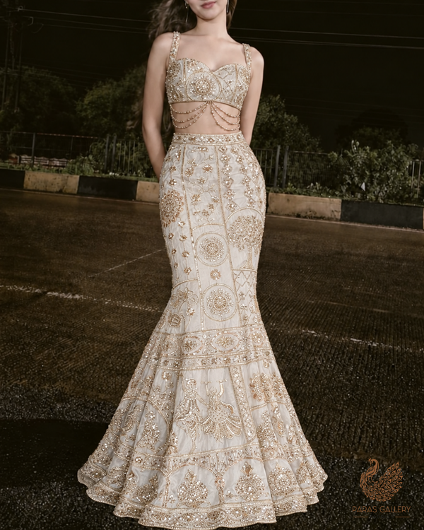 White Dyeable Silk Fabric With All Over Zari, Sequins, Katdana And Bead Work With One Side Heavy Border 24545