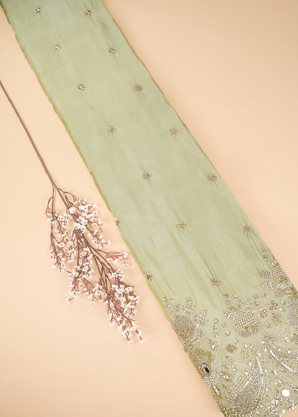Pista Green Tissue Fabric With All Over Zari, Sequins, Katdana, Bead And Faux Mirror Work With One Side Heavy Border 24546