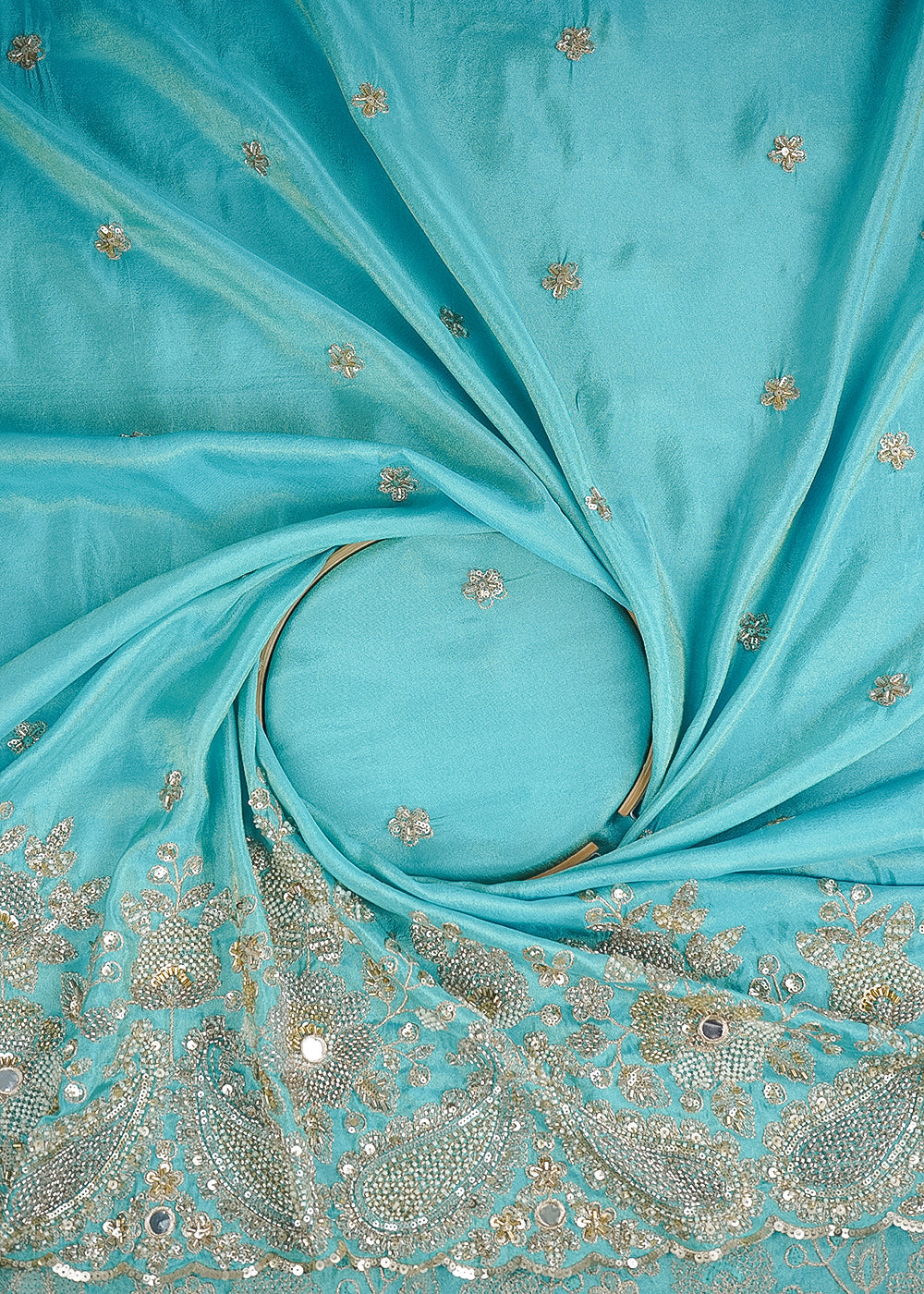 Blue Tissue Fabric With All Over Zari, Sequins, Katdana, Bead And Faux Mirror Work With One Side Heavy Border 24547