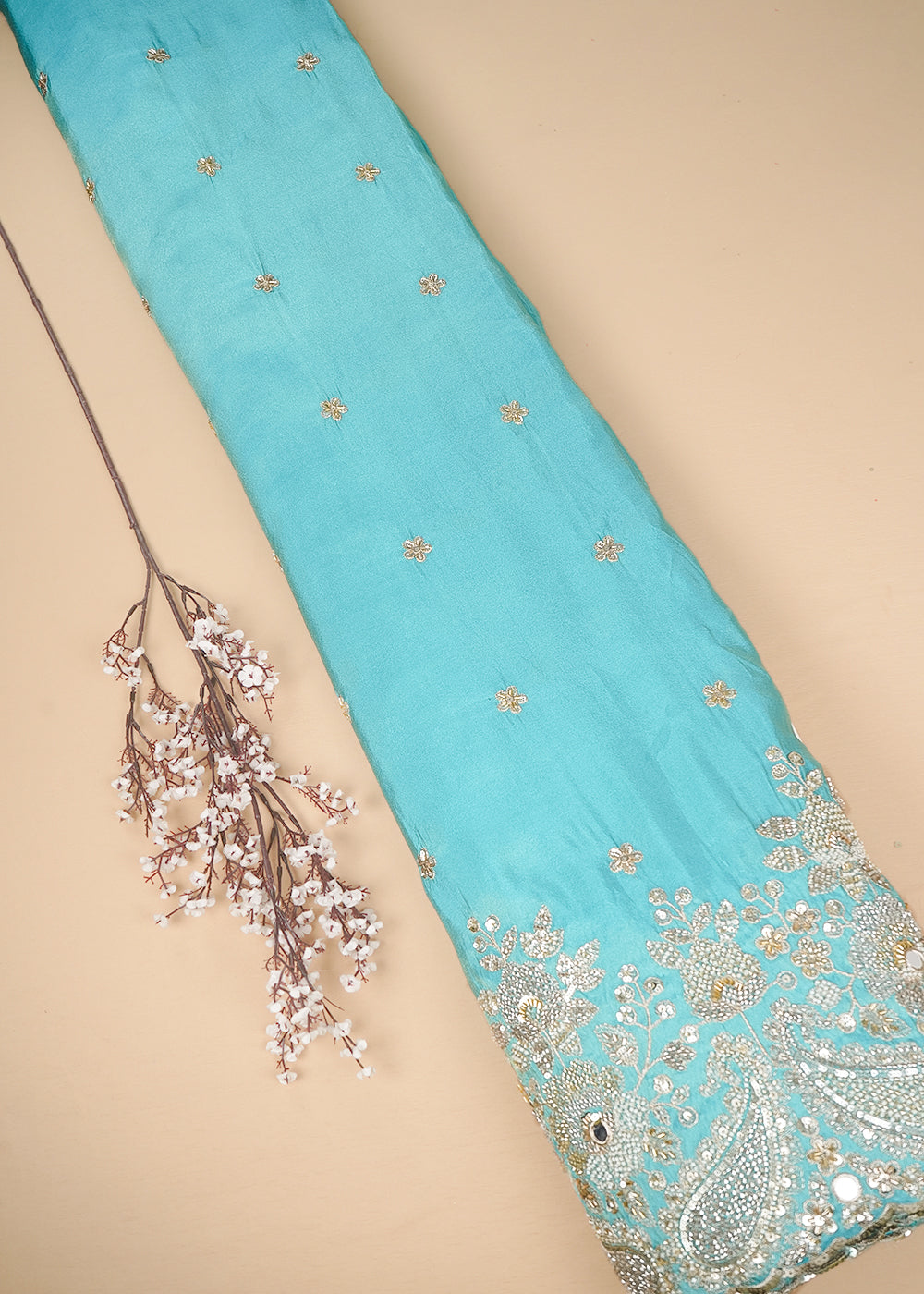 Blue Tissue Fabric With All Over Zari, Sequins, Katdana, Bead And Faux Mirror Work With One Side Heavy Border 24547