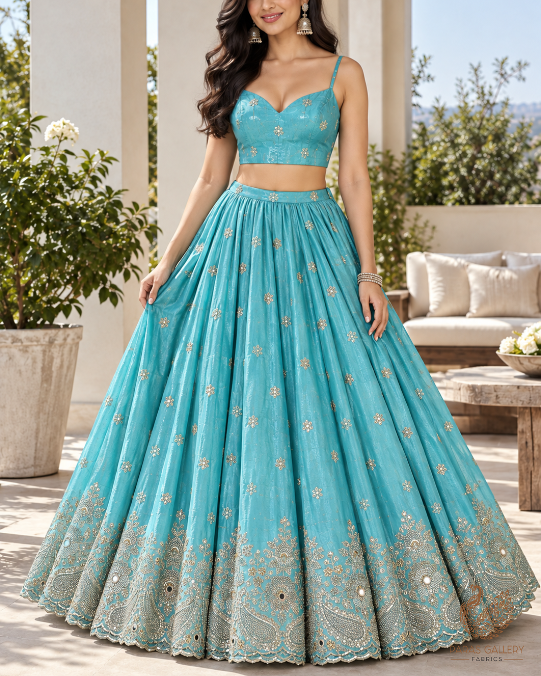 Blue Tissue Fabric With All Over Zari, Sequins, Katdana, Bead And Faux Mirror Work With One Side Heavy Border 24547