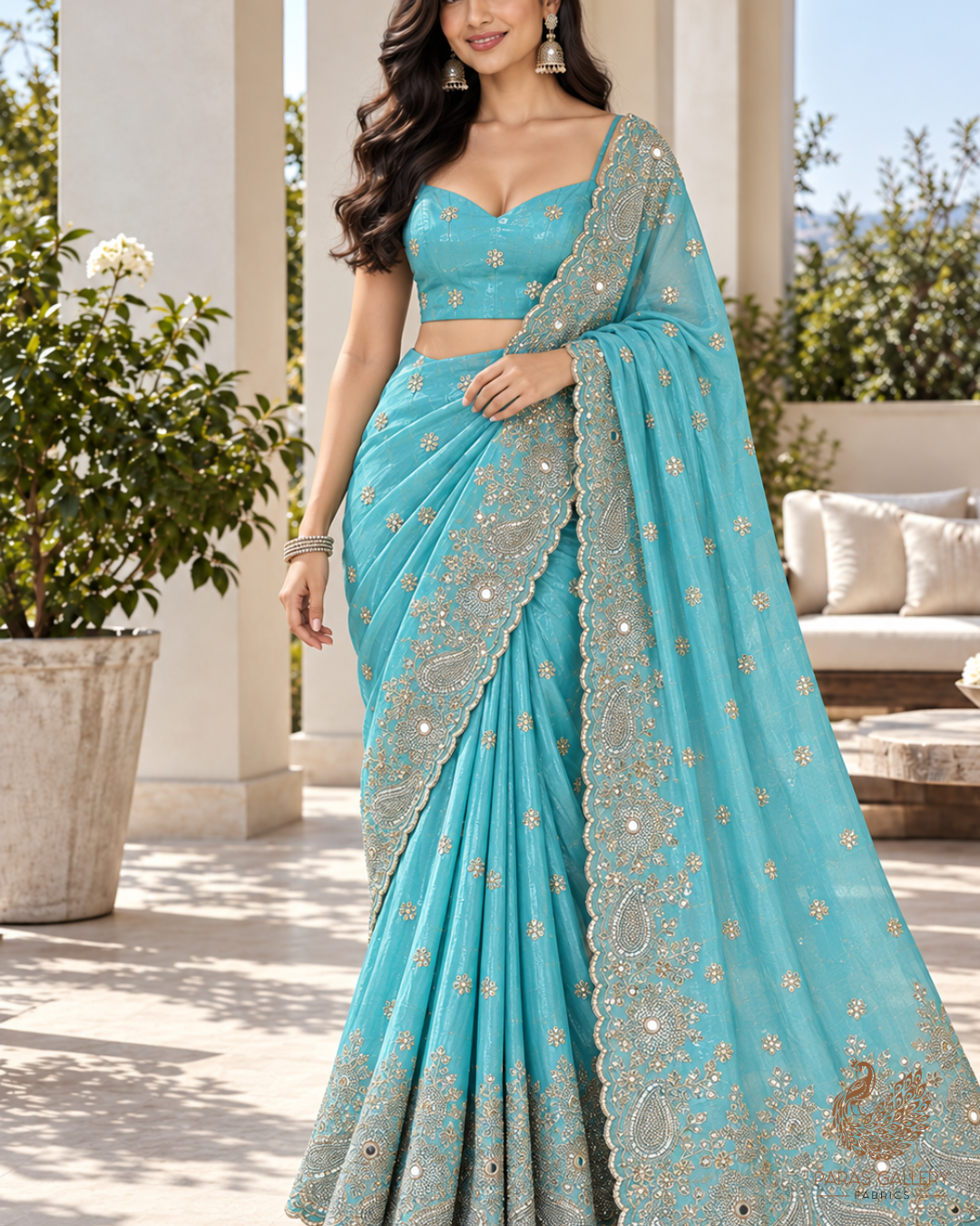 Blue Tissue Fabric With All Over Zari, Sequins, Katdana, Bead And Faux Mirror Work With One Side Heavy Border 24547