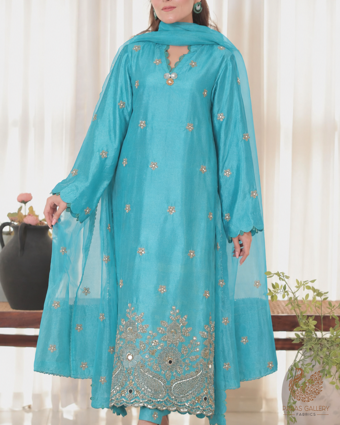 Blue Tissue Fabric With All Over Zari, Sequins, Katdana, Bead And Faux Mirror Work With One Side Heavy Border 24547