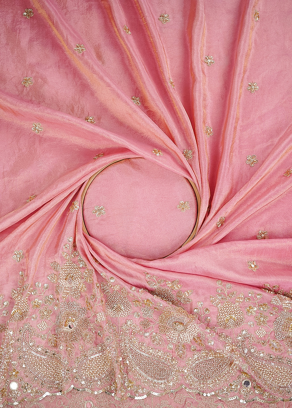 Pink Tissue Fabric With All Over Zari, Sequins, Katdana, Bead And Faux Mirror Work With One Side Heavy Border 24548
