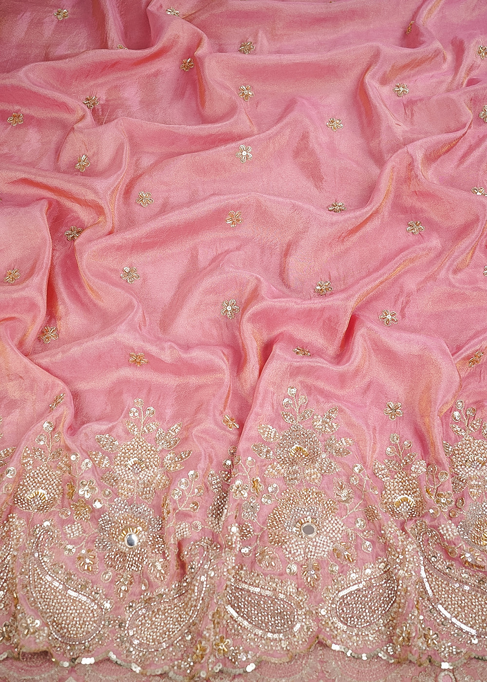 Pink Tissue Fabric With All Over Zari, Sequins, Katdana, Bead And Faux Mirror Work With One Side Heavy Border 24548