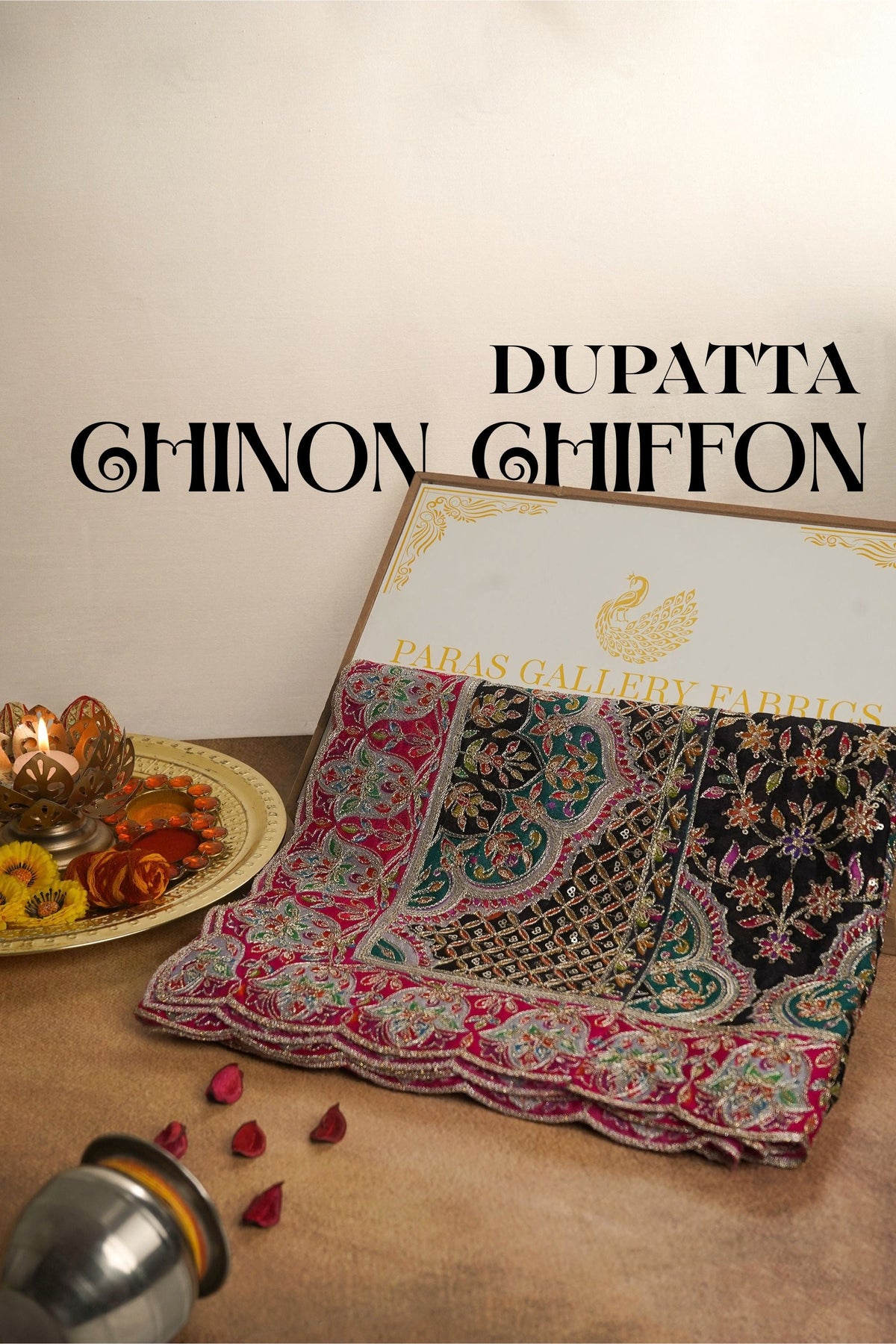 Black Chinon Chiffon Dupatta All Over Zari And Sequins Work With Border 24559