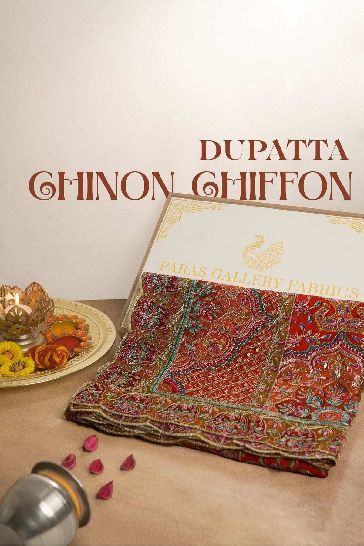 Orange Chinon Chiffon Dupatta All Over Zari And Sequins Work With Border 24561